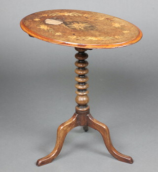 A Victorian oval and inlaid figured walnut and quarter veneered snap top occasional table, raised on a bobbin turned column and tripod base 66cm h x 60cm 2 x 42cm d 