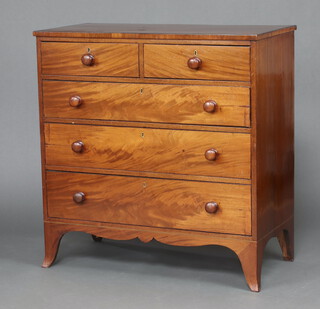 A 19th Century inlaid mahogany crossbanded chest of 2 short and 3 long drawers with brass escutcheons and turned handles, raised on bracket feet 112cm h x 108cm w x 53cm d 