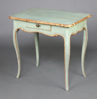 A French 18th Century turquoise and gilt painted side table of serpentine outline fitted a drawer, raised on cabriole supports 75cm h x 81cm w x 54cm d 