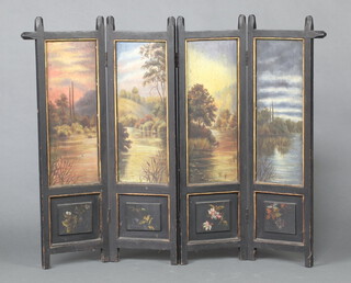 A Victorian black lacquered 4 fold fire screen, the panels decorated river scenes, above flowers 87cm h x 90cm w 