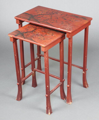 A nest of 2 19th/20th Century red lacquered Chinese coffee tables, raised on tapered supports 68cm x 56cm x 34cm and 63cm x 36cm x 30cm 