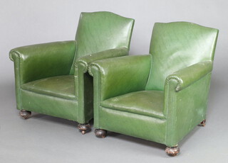 A pair of 1930's club style armchairs upholstered in green material 72cm h x 64cm w x 68cm d (set 27cm x 32cm) 