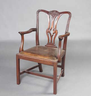 A 19th Century Chippendale style open arm carver chair with drop in seat, raised on square tapered supports with H framed stretcher 99cm h x 58cm w x 59cm d (seat 27cm x 30cm) 