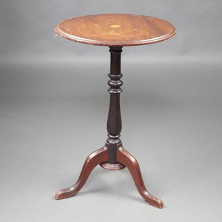 An Edwardian circular inlaid mahogany snap top wine table, raised on a turned column and tripod base 73cm h x 48cm diam. 