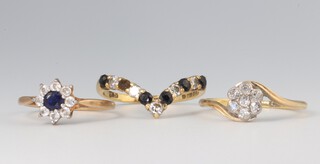 Two yellow metal 18ct diamond set rings, size Q and Q 1/2, 5 grams and a 9ct ditto size M 1/2, 1.3grams  