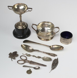 A silver baluster sugar bowl London 1916, a presentation trophy cup, spoon, condiment and minor items, weighable silver 239 grams 