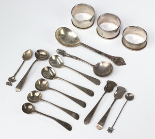 A Georgian silver mustard, 3 napkin rings and minor items 155 grams