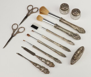 An Edwardian silver nail buffer Birmingham 1903, 2 pots, 3 mounted implements and minor items, all mixed dates 