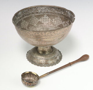 A white metal pedestal bowl 339 grams, 22cm, together with a wood handled ladle  