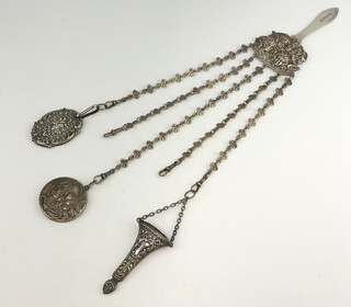 A Victorian silver plated chatelaine with 3 accessories, decorated Reynolds angels