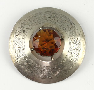 A large Scottish silver plated engraved plaid brooch with citrine 7cm 