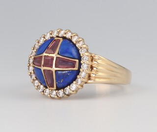 A yellow metal 585 paste set enamel and garnet ring dated 1987, maker Franklin Mint, size R, 7.3 grams 