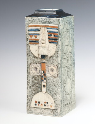 A Cornish Troika Aztec style square vase and cover with relief decoration, monogrammed CP 31.5cm 