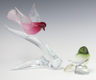 A mid-Century Italian pink and clear glass figure of a bird standing on a branch 25cm, a smaller ditto 11cm 