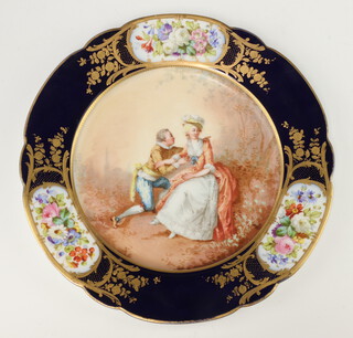 An early 20th Century Sevres cabinet plate decorated with a fete gallant view, enclosed in a blue gilt and floral border, signed Boucher 25cm 