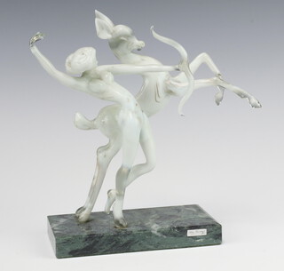 Istvan Komaromy, a glass lamp work figure group of a lady with bow and a rearing deer, raised on a green marble base, with original label 20cm