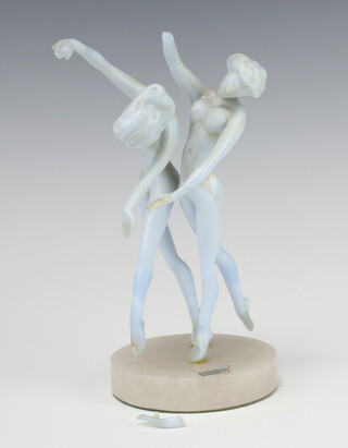 Istvan Komaromy, a glass lamp work figure group of 2 female dancers, raised on a circular marble base, with original label 22cm 