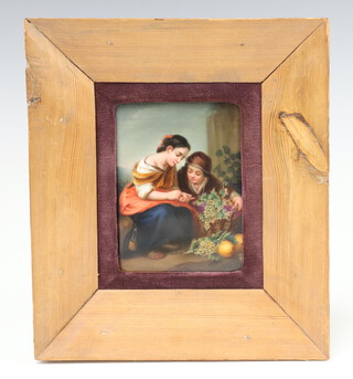 A 19th Century KPM style porcelain plaque decorated with fruit gatherers 11.5cm x 8cm 