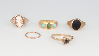 A 9ct yellow gold turquoise ring, 3 other gem set rings sizes R, and a single hoop earring 9.8 grams 