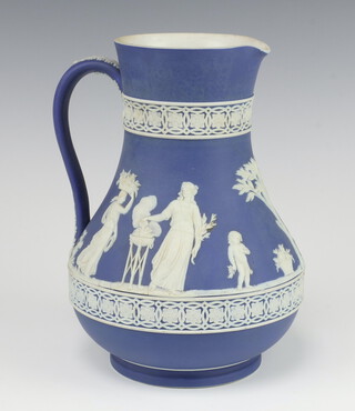 A Wedgwood blue Jasper jug decorated with classical figures 22cm 