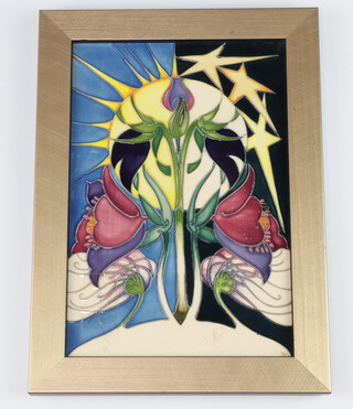 A Moorcroft Limited edition tile decorated the sun and the moon with flowers, designed by Emma Bossons, decorated 2014, no.2/25, 22cm x 14.5cm 