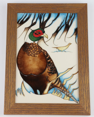 A Moorcroft tile decorated "Pheasants of Snow Hollow", designed by Emma Bossons, impressed marks 22cm x 15cm 