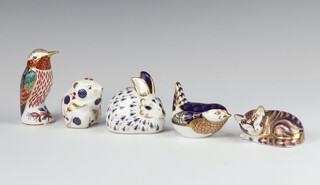 Five Royal Crown Derby  paperweights with silver stoppers in the form of a kitten  8cm, bird 8cm,  bird 10cm, rabbit 10cm and a field mouse 8cm  