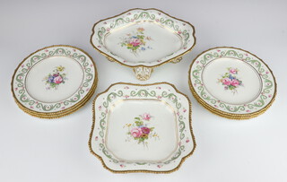 A Royal Crown Derby Frains pattern part dessert service comprising a tazza, square dish and 6 plates with laurels enclosing spring flowers numbered 7696  