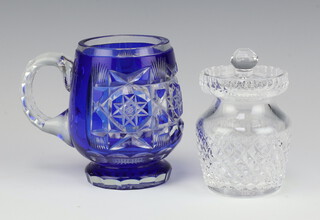 A Bohemian blue glass mug 12cm and a Waterford Crystal preserve jar and cover 12cm 