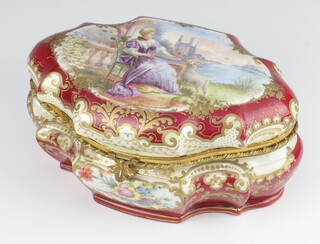 A 20th Century Sevres box with a panel of a lady with a goat in a river landscape, the red ground decorated with spring flowers, having gilt metal mounts, impressed marks 24cm  