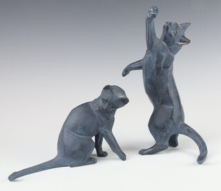 Two Border Fine Art figures - cat washing (slate blue B0559) and stretching cat figurine (slate blue 638412) 30cm 