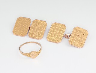 A pair of 9ct yellow gold cufflinks together with a child's ring size G, 6.3 grams 