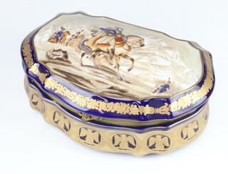 A 20th Century Continental porcelain box decorated with a figure of Napoleon on horse back, blue ground with gilt eagle decoration 31cm 