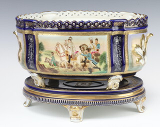 A 20th Century German jardiniere decorated with panels of Napoleon at battle with scroll handles and feet, raised on an oval stand 33cm 