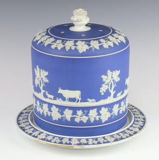 A Victorian blue Jasperware high dome cheese cover and stand, decorated with a band of farming animals and bands of vinous decoration 30cm 