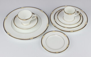 A Wedgwood Cavendish pattern part tea, coffee and dinner service comprising 6 coffee cups, 6 tea cups, 6 small and 6 large saucers, 6 small plates, 6 medium plates, 6 side plates, 6 dinner plates, sauce boat and stand (a/f), cream jug, sugar bowl and lid, 2 oval dishes, an oval meat plate and a teapot lid 