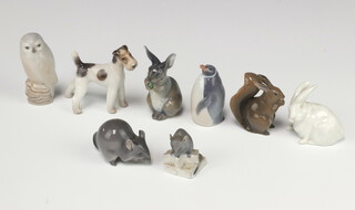 A Danish figure of a mouse 510 3cm, ditto penguin 139 6cm, rabbit 1019 7.5cm, owl 1741 7cm, squirrel 982 5cm, Airedale hound 1462 6.5cm, mouse 2564 6cm and a white rabbit 1691 4cm 