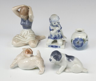 A Royal Copenhagen figure of a Terrier 3089 4cm, ditto puppy 1311 3cm, kneeling girl 4796 8cm, seated young lady 4648 10cm and a vase 1259 4cm 