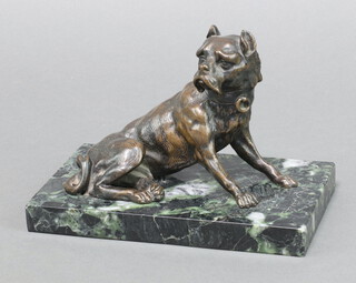 A bronze figure of a seated mastiff on a rectangular green veined marble base 12cm h x 19cm w x 11cm d 