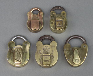 A Roshan Brothers brass padlock 3cm, 2 ditto Secure padlocks, a WM Bison and Sons Ltd brass padlock 3cm and 1 other, (all padlocks are open and without keys) 