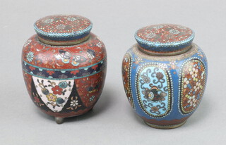 A 19th Century Japanese blue ground cloisonne enamel ginger jar and cover, raised on 3 stud feet 8cm x 6cm (minor chips to the base) together with 1 other (chipped) 