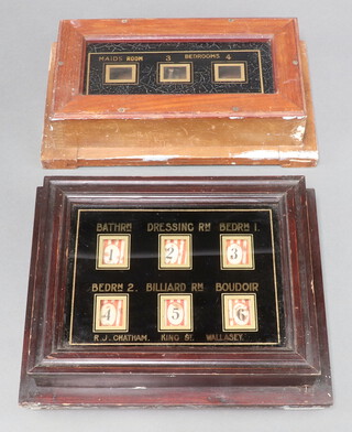 A servants indicator bell board  by R J Chatham of Kings Street Wallasey, with 6 apertures - bathroom, dressing room, bedroom one and two, billiard room and boudoir,  31cm x 26cm together with a ditto 3 aperture - maids room, bedroom three and four (cards missing) 33cm x 19cm  