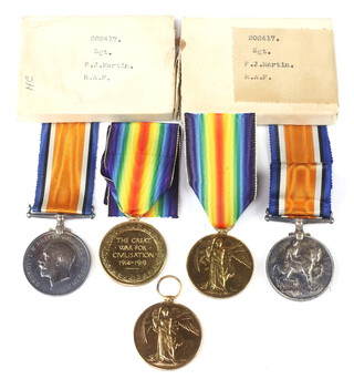 A family group of First World War medals comprising 2 pairs - British War medal and Victory medal to 202417 Sgt. F J Martin Royal Air Force with original cardboard boxes, a pair 20916 Pte. J Martin Hampshire Regiment, a Victory medal to 183370 Gunner C R Martin Royal Artillery 