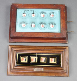 A servant's indicator bell board with 8 apertures - card room one and two, entrance lounge, reading room area, security and billiard room 8cm x 41cm x 28cm (crack to glass) together with a 4 aperture ditto