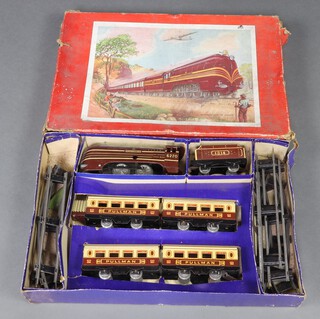 Mar Toys, an O gauge clockwork tin plate train set Coronation, boxed with carriages and rails (no key and box is damaged) 