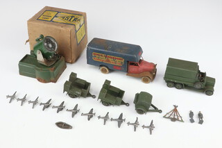 An Astra search light boxed, a Mimic clockwork tin plate transport van, a Dinky army lorry and 3 other limbers