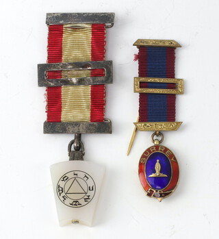 Masonic, a Mark Master Masons gilt metal and enamelled miniature jewel Past Provincial Senior Grand Warden of Surrey, together with a Mark Master Masons jewel 