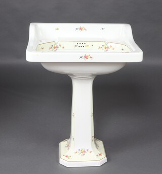 Shelvas,  a 1920's pedestal hand basin with floral decoration, the base impressed Johnson Bros.  72cm h x 65cm w x 50cm d 