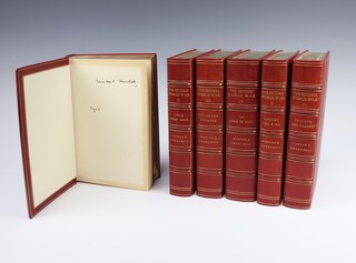 Churchill, Sir Winston Spencer. The Second World War in 6 volumes, Cassel & Co London , bound in red morocco by Bumpus, gilt lined with Persian Lion and Sun motif to centre cover, gilt book block, 8vo, Vol I - The Gathering Storm, signed and dated 1955, 2nd ed. 1949, Vol II - Their Finest Hour, initialled WSC, 3rd ed. 1951, Vol III - The Grand Alliance, initialled WSC, 1st ed. 1950, Vol IV - The Hinge of Fate, initialled WSC, 1st ed, 1951, Vol V - Closing The Ring, initialled WSC, 1st ed, 1952, Vol VI - Triumph & Tragedy, initialled WSC, 1st ed, 1954.

Included is a letter dated 14 January 1947 on Chartwell headed paper signed by Churchill to F. Burrows of the Law firm Nicholl, Manisty, Few and Co thanking the recipient for a 5000 pound cheque and their services. 

Provenance - The books were given to the vendors Grandfather by Winston Churchill as thanks for legal services undertaken when the vendors grandfather was a legal clerk at Nicholl, Manisty and Co Solicitors.