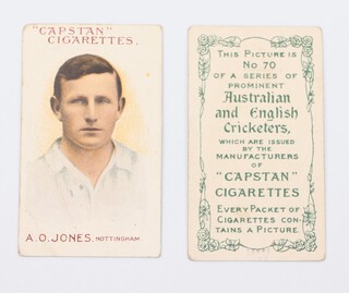 Wills overseas cigarette cards, Prominent Australian and English cricketers 1907, a complete set of The re-issue of numbers 66-73 with red brown captions (including extra J Humphries) 